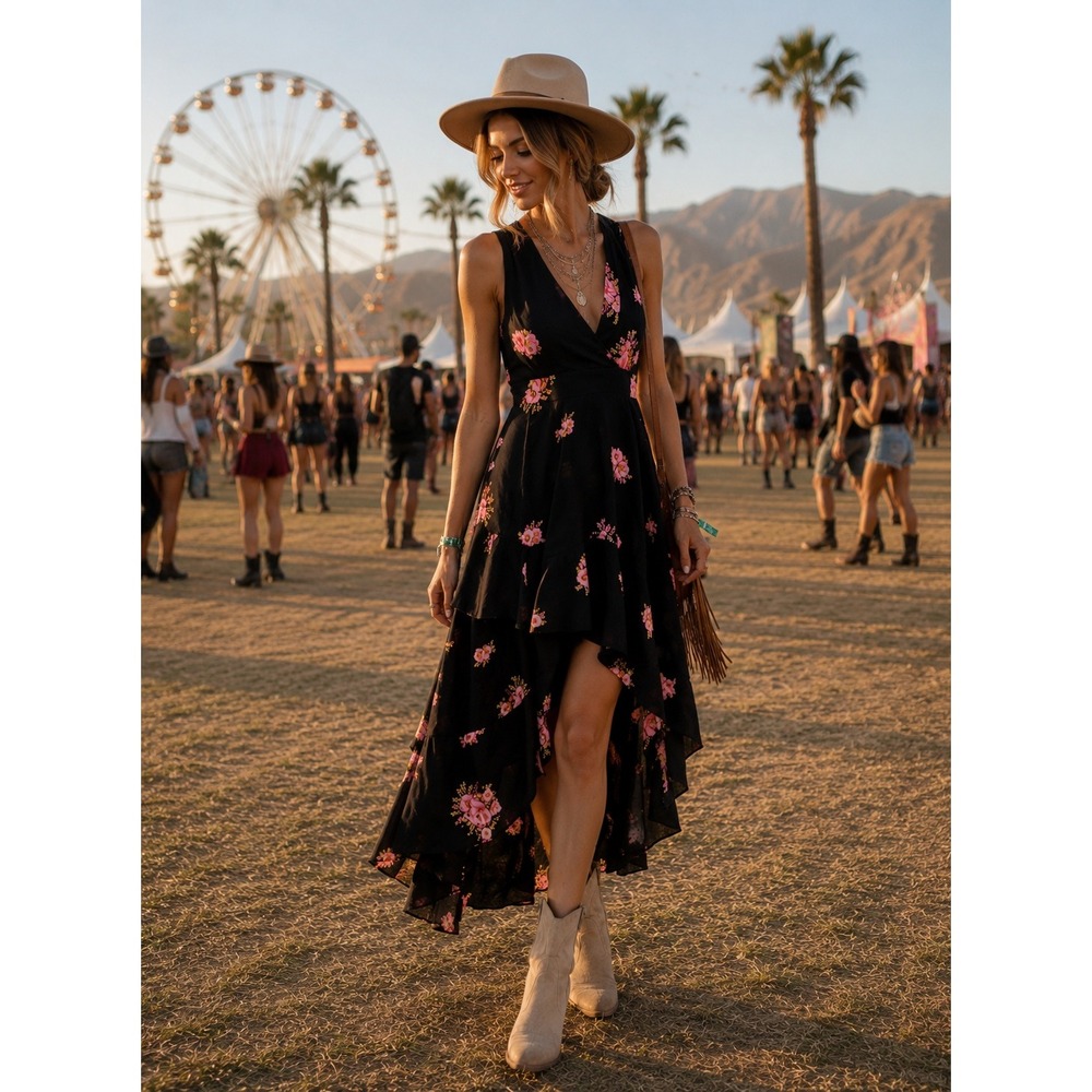 Free People Size 2 Black Floral High Low Flowy Sundress Short Maxi Midi #631